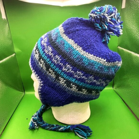 Gypsy Rose Handmade Knit Beanie Hat Chullo Fleece Lined Pom Braids Peruvian Boho - Picture 5 of 12